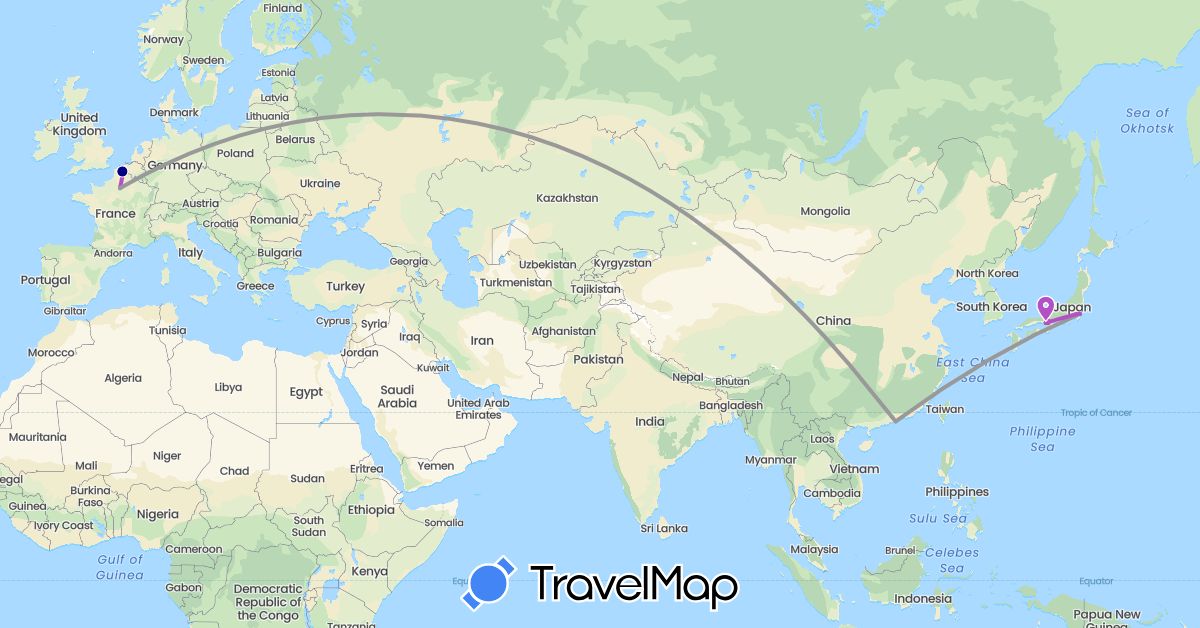 TravelMap itinerary: driving, plane, train in China, France, Japan (Asia, Europe)